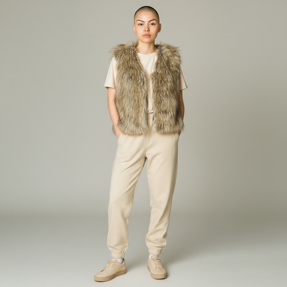 Women's Faux Fur Vest Brown Tan Boho Western Fall Layering Open Front Unbranded